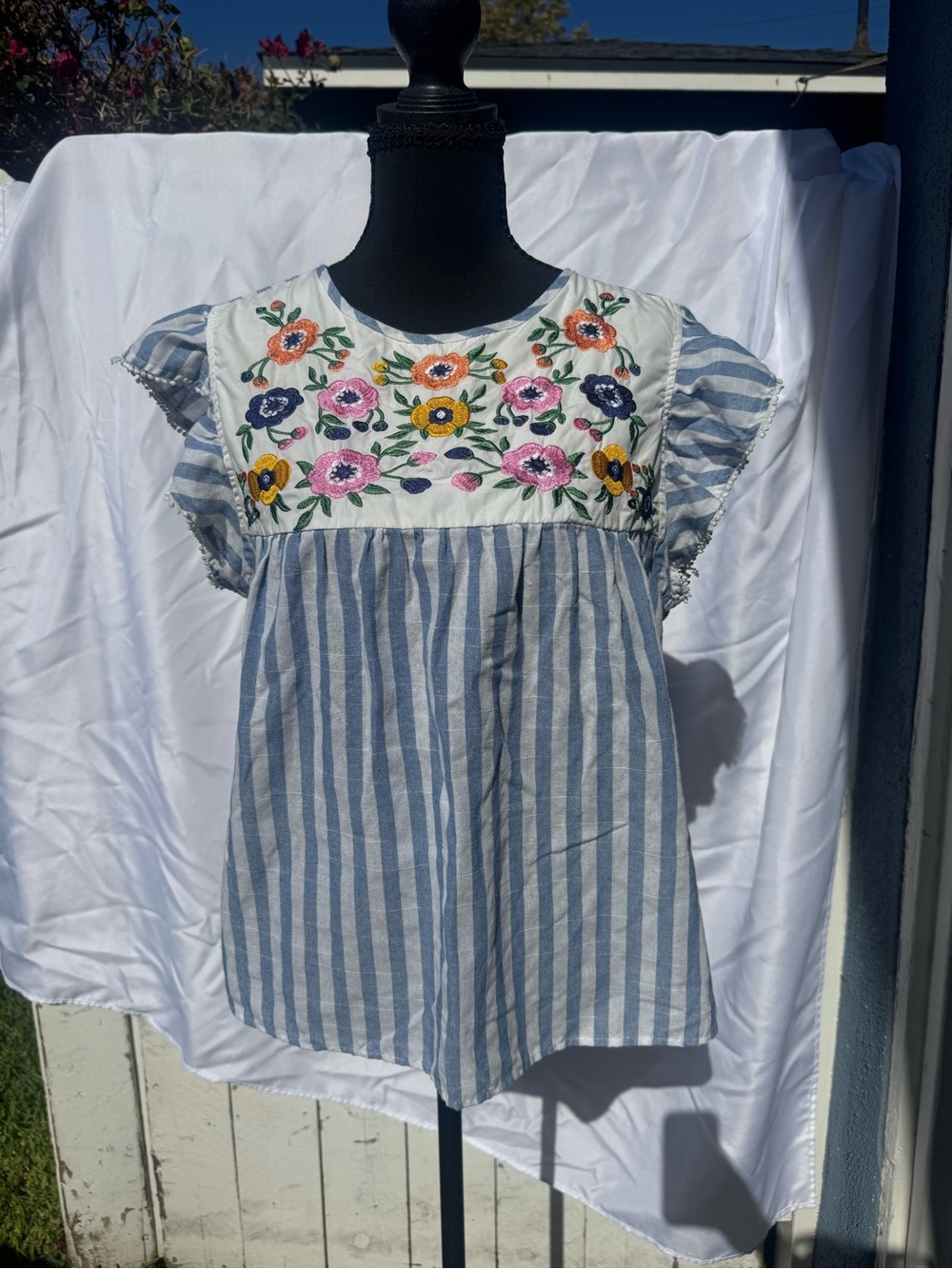 SHEIN Blue and White Striped Girls Dress with Colorful Floral Embroidery